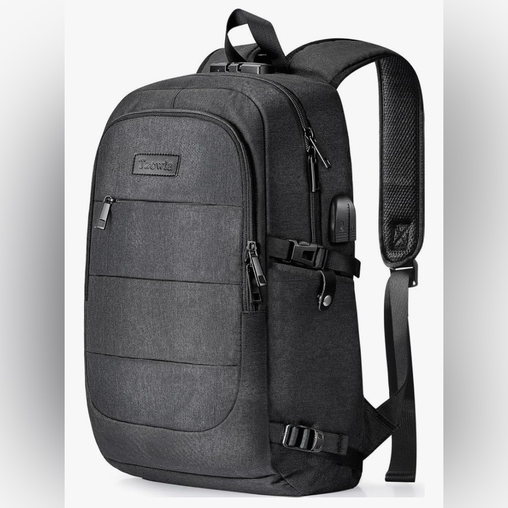 Black Unisex Backpack with combo lock security, USB charging ports, anti-theft